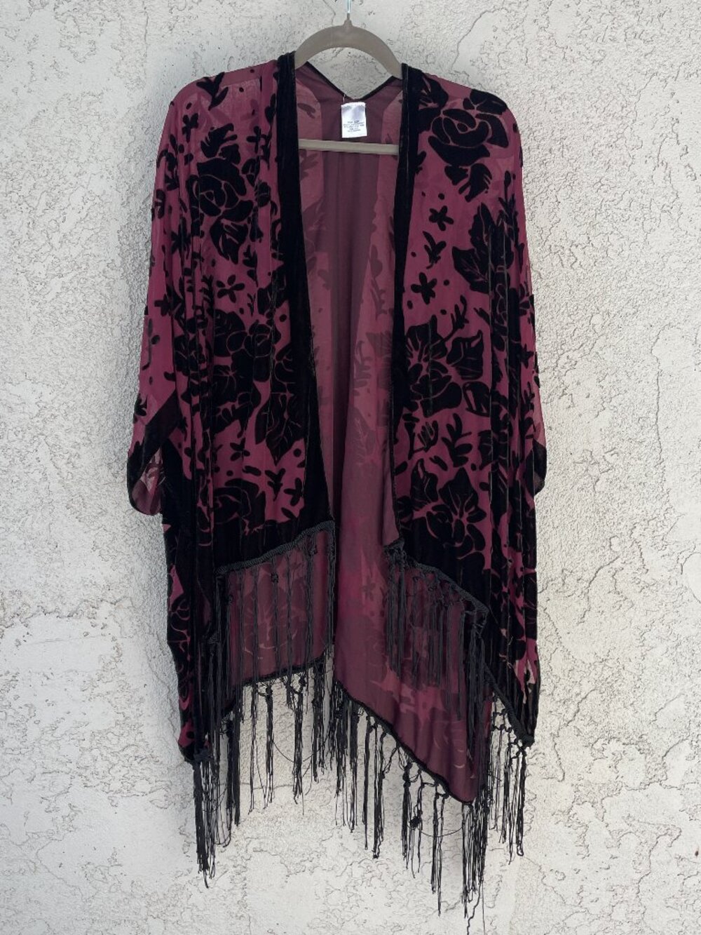 Burgundy Purple Velvet Burnout Floral Fringe Kimono Duster Cardigan One Size